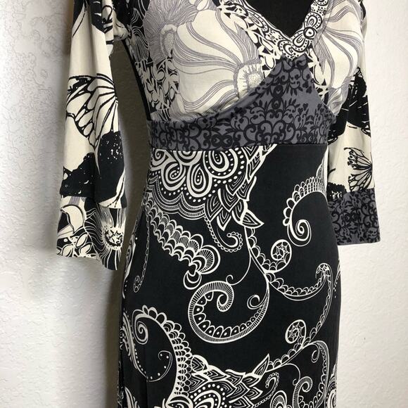 Hale Bob black cream gray mixed floral butterfly print silk dress size Small - Picture 3 of 12